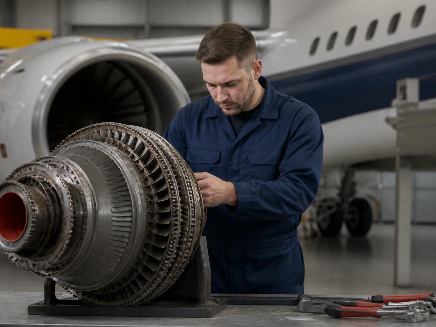 Aviation technician inspecting an aircraft engine component