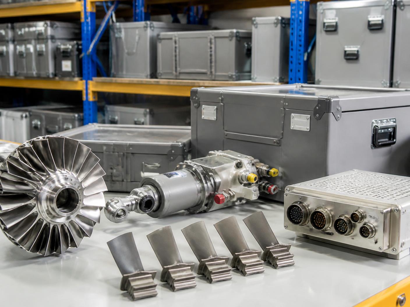 Aircraft spare parts arranged in an aviation supply facility